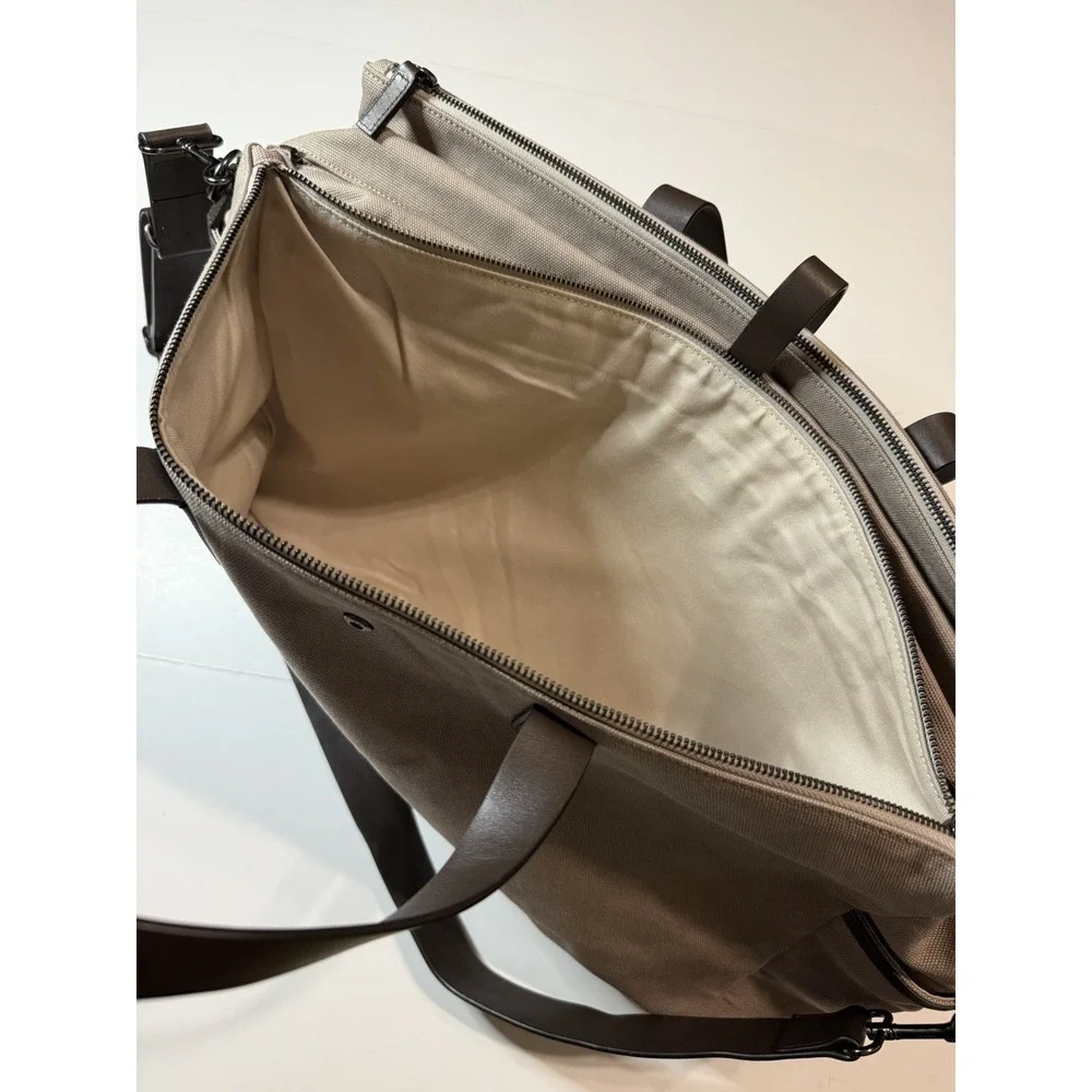 Cuyana Mens Triple Zipper Weekender Canvas/Leather Trim Travel Brown Bag